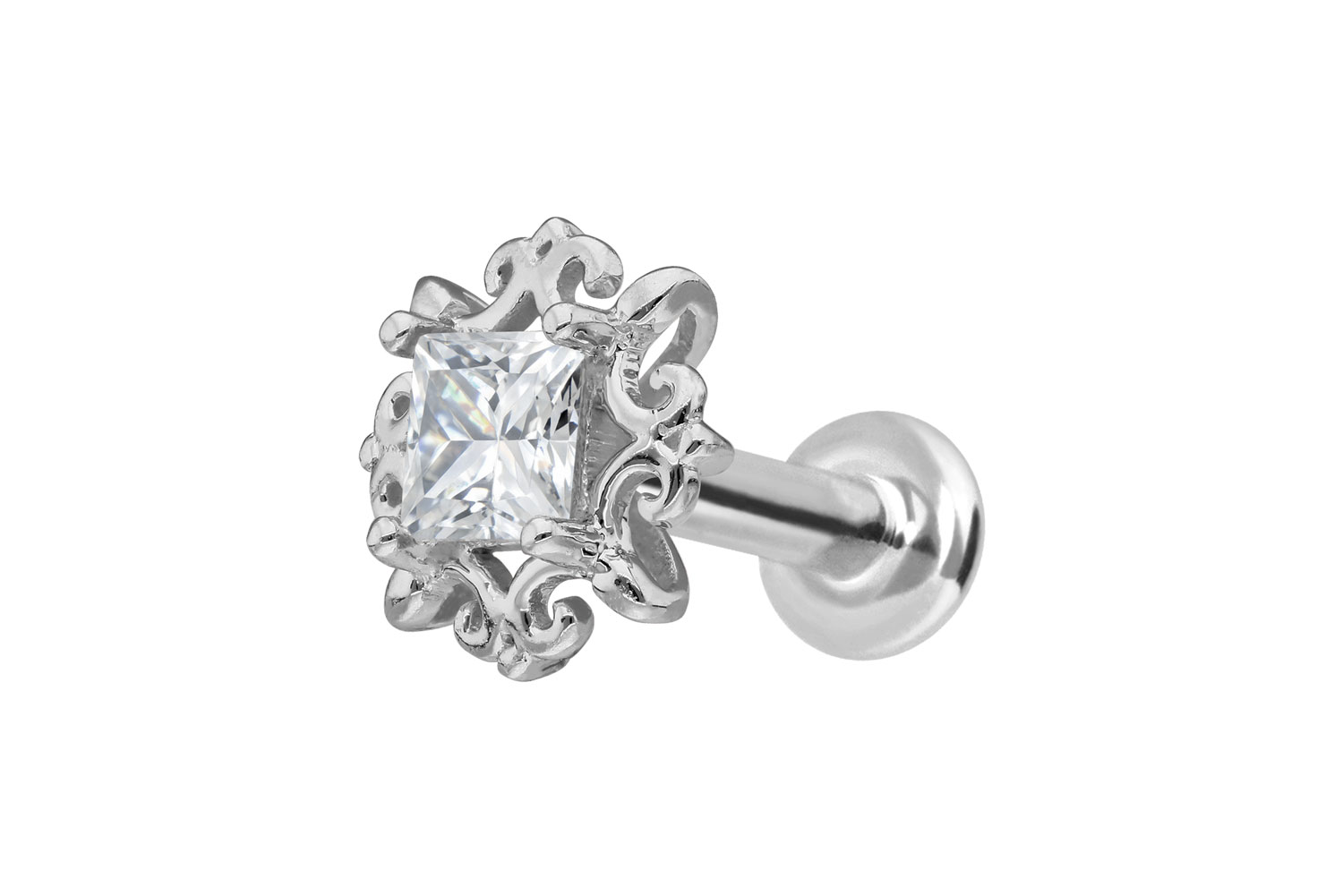 14 Karat Gold Labret Piercing mit Push Fit MOISSANIT-QUADRAT + ORNAMENTE